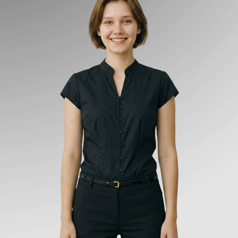 Kustom Kit Women's continental blouse mandarin collar cap sleeve Thumbnail